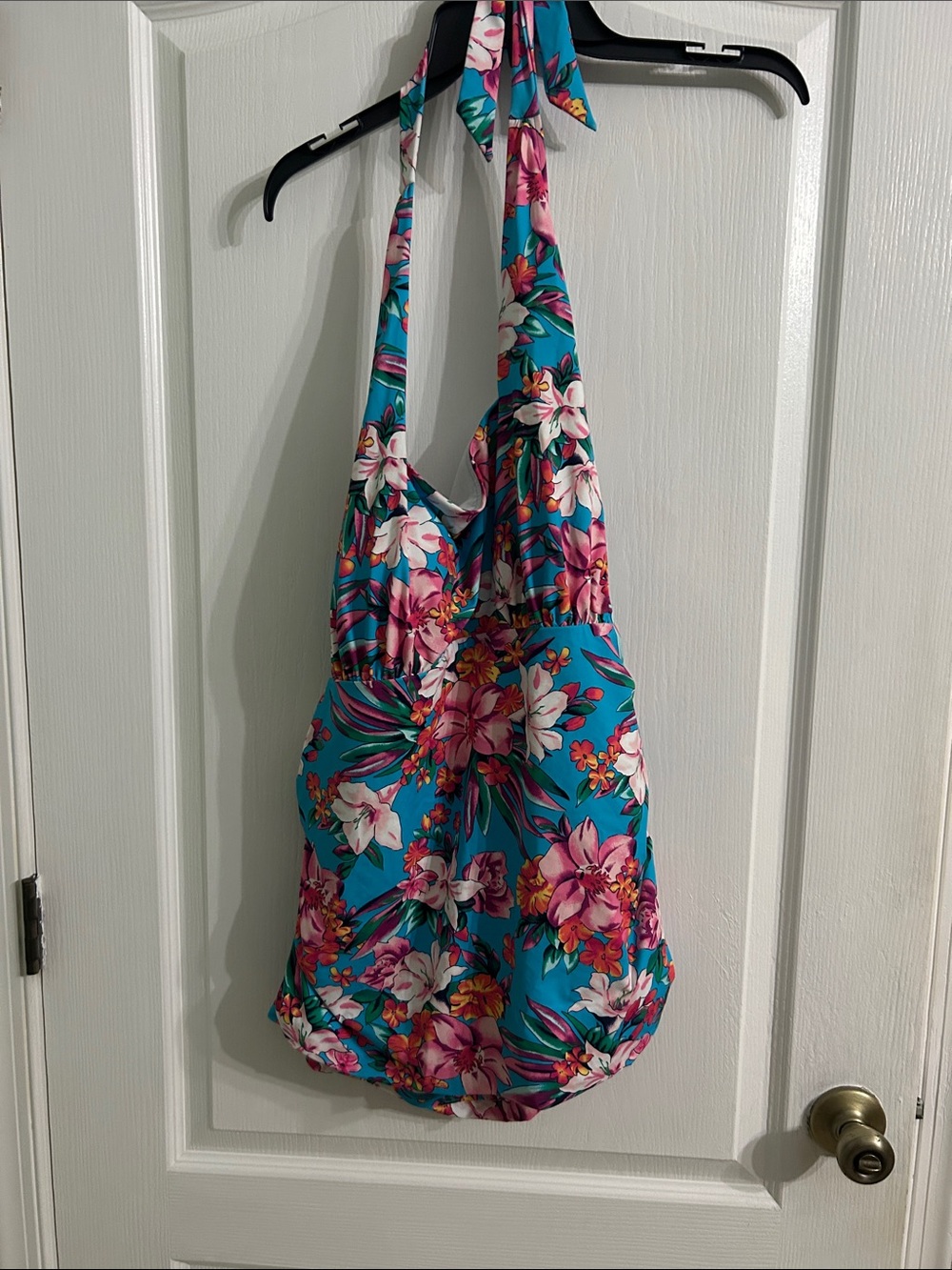 Lands' End Turquoise Floral Halter Tankini with Pink & White Blooms